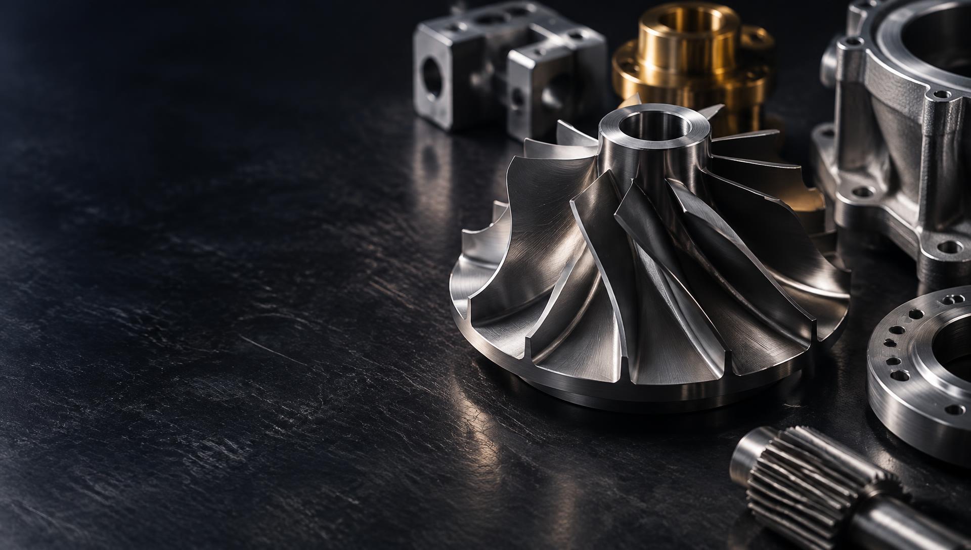 Precision-machined metal components on an engineering workbench